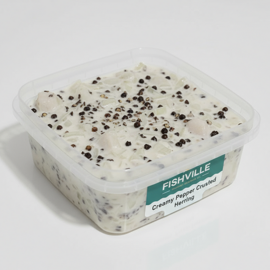 Container of Fishville creamy pepper crusted herring