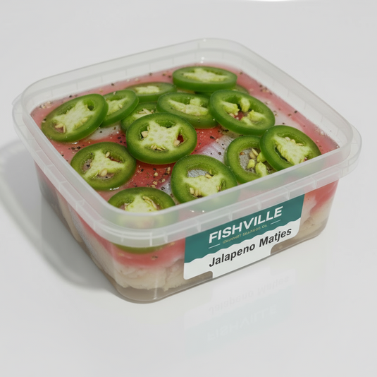 Container of jalapeno Matjes herring on a white background with 'Fishville' branding.
