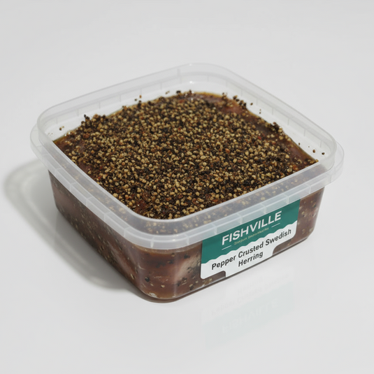 Container of Fishville pepper crusted Swedish herring