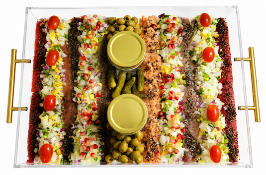 Acrylic 12x16 Gourmet Herring Platter by Fishville, featuring a sleek display of fresh herring fish on a modern serving tray.