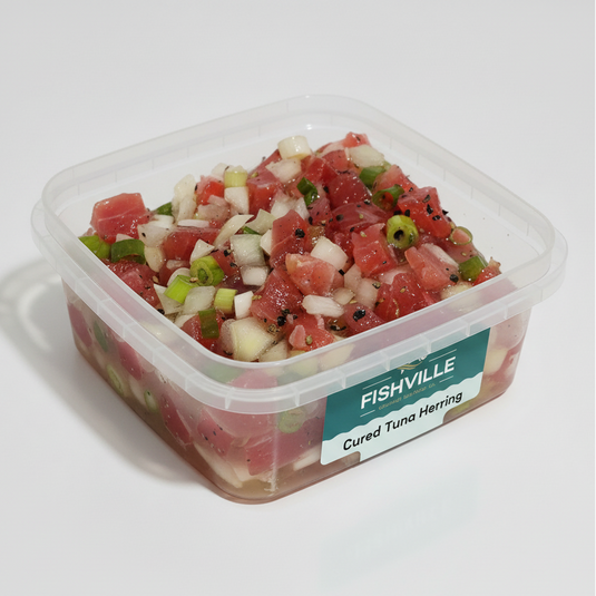 Container of cured tuna herring with visible brand label on a white background