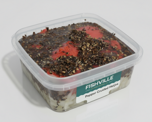 Container of pepper-crusted Matjes Herring with 'Fishville' label 